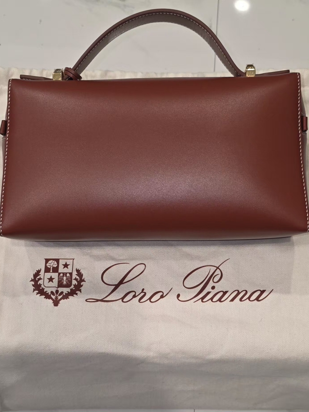 Loro Piana Chestnut Saddle Leather Top-Handle Satchel with Gold Hardware - Picture 7 of 13